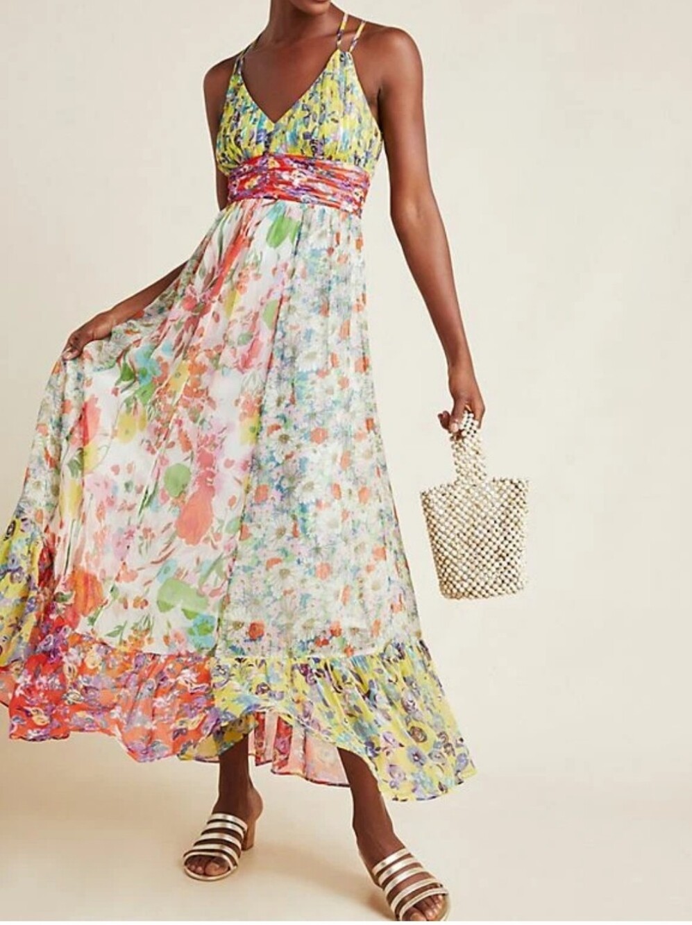 Anthropologie Malibu Multicolor Floral Border Maxi Sheer Dress Size 10